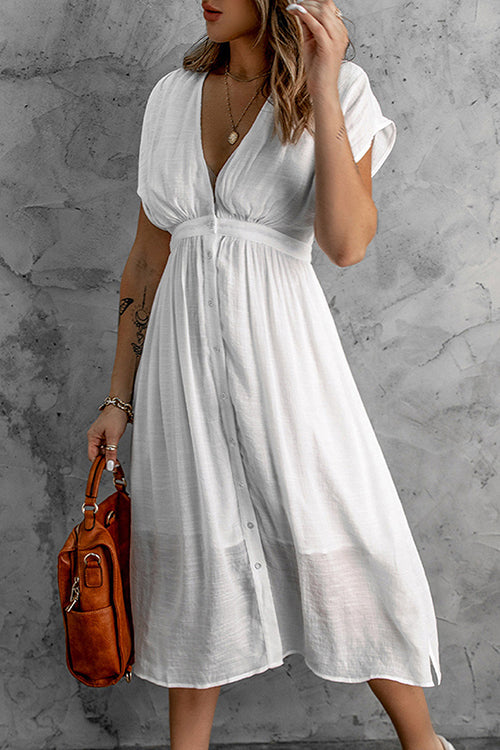 Button V Neck Midi Dress - Fashionpara