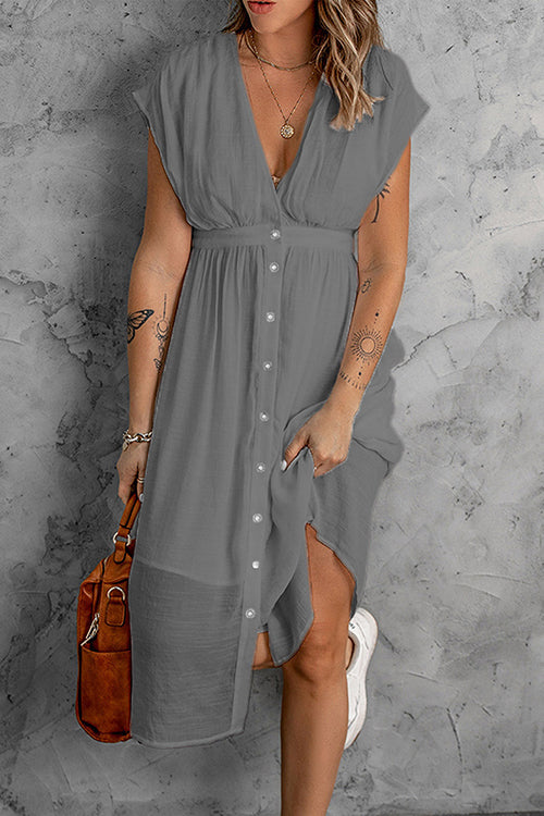 Button V Neck Midi Dress - Fashionpara