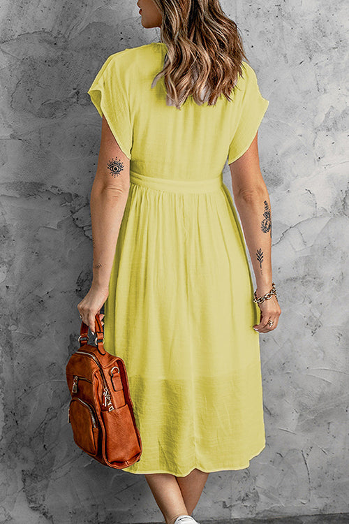 Button V Neck Midi Dress - Fashionpara