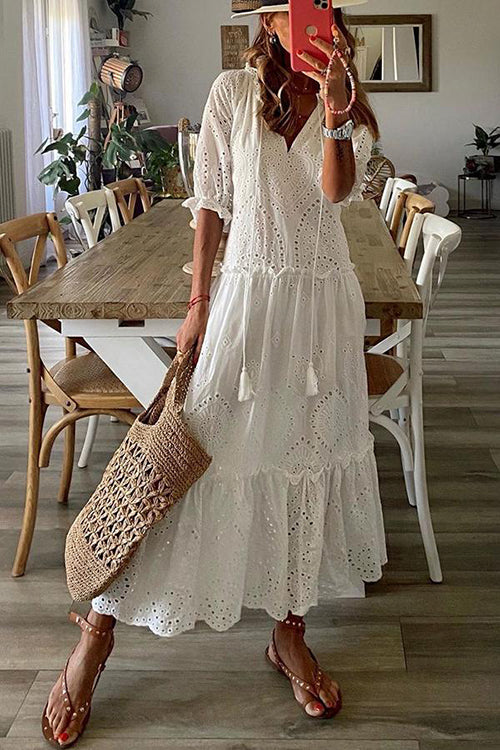 Eyelet Tassels Tiered Maxi Dress - Fashionpara