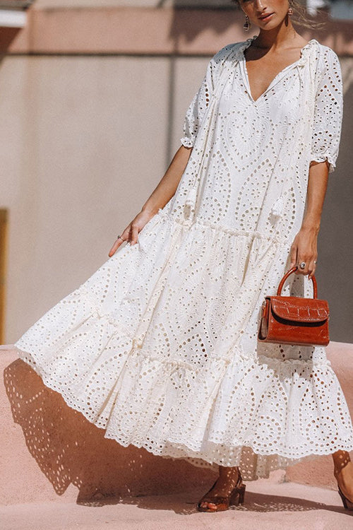 Eyelet Tassels Tiered Maxi Dress - Fashionpara