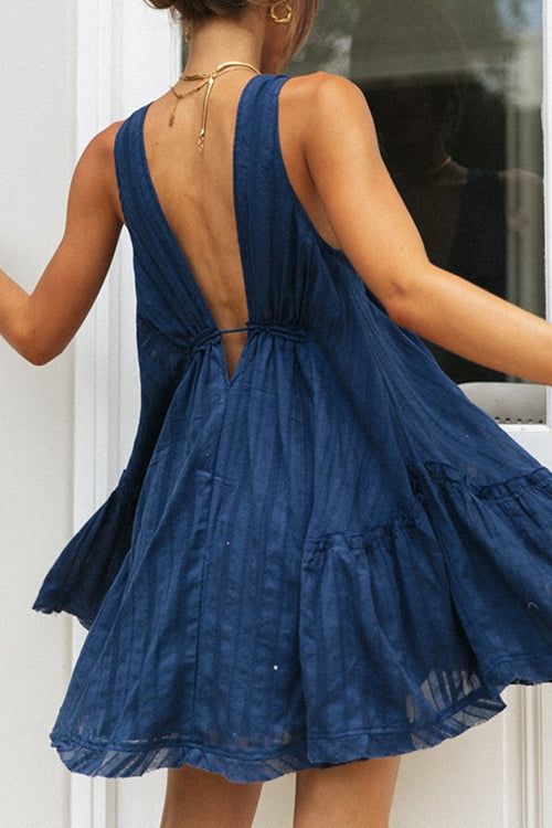 V Neck Drawstring Backless Babydoll Dress - Fashionpara