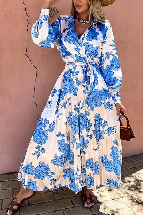 Floral Belted Long Sleeve Maxi Dress - Fashionpara