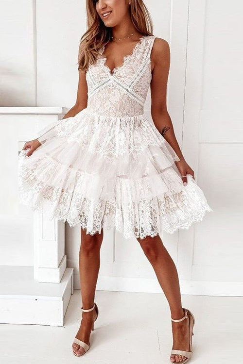 Lace Mesh V Neck Tank Cake Dress - Fashionpara