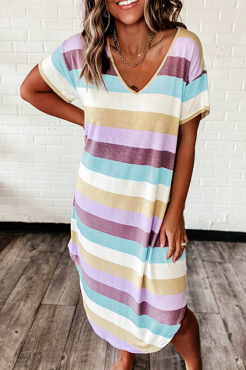 Multi Color Striped V Neck Dress - Fashionpara