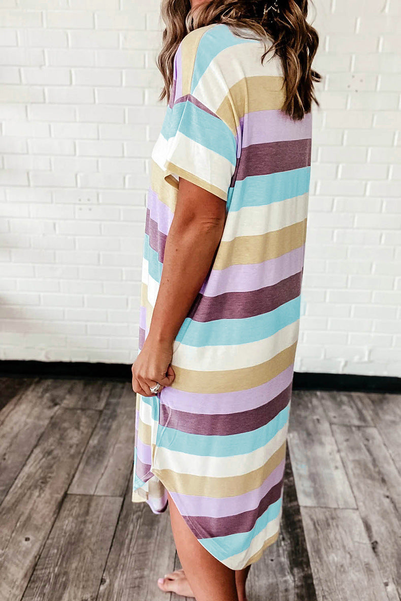 Multi Color Striped V Neck Dress - Fashionpara