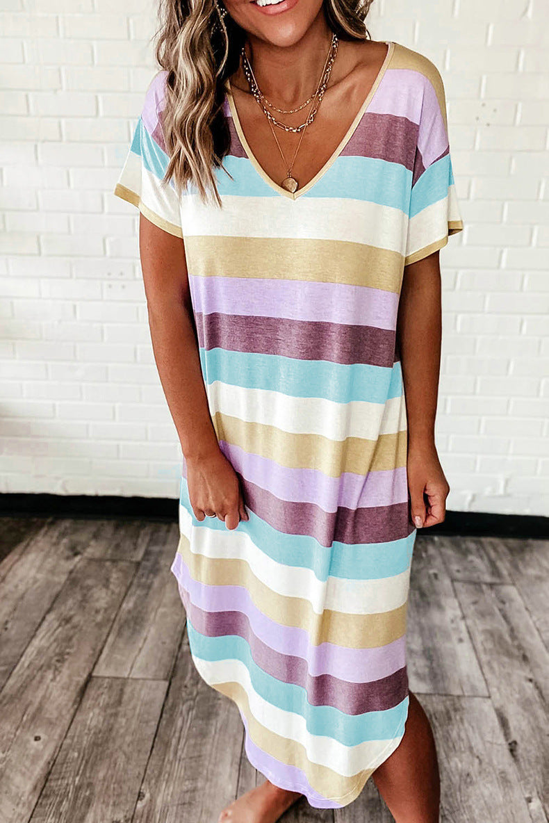 Multi Color Striped V Neck Dress - Fashionpara