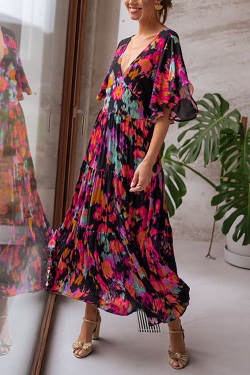 V Neck Floral Bat Maxi Dress - Fashionpara