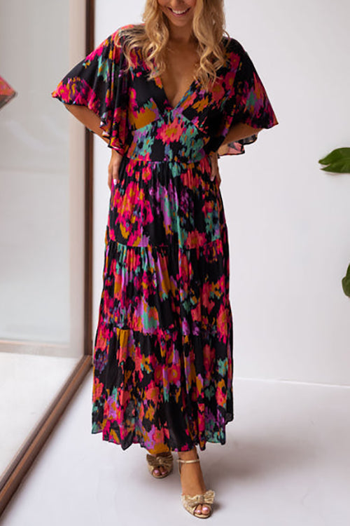 V Neck Floral Bat Maxi Dress - Fashionpara