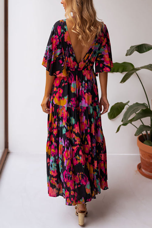 V Neck Floral Bat Maxi Dress - Fashionpara