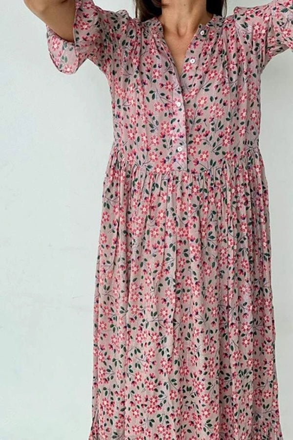 Floral Button Flares Sleeve Dress - Fashionpara