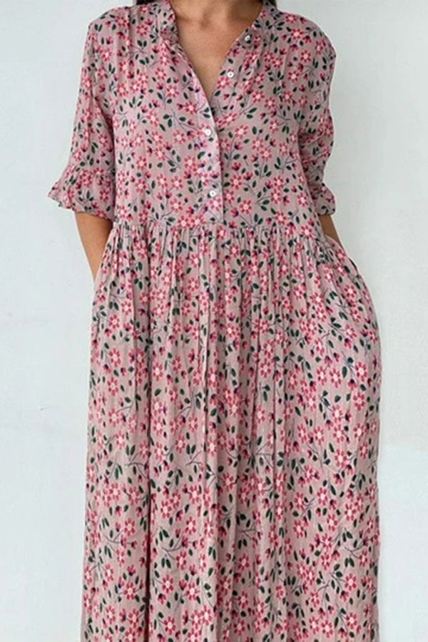 Floral Button Flares Sleeve Dress - Fashionpara