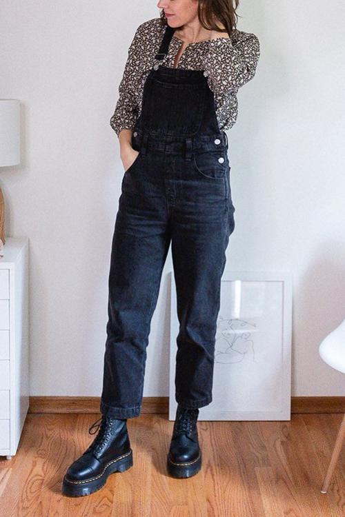 Solid Pockets Denim Overall - Fashionpara