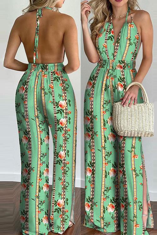 Floral Print Backless Slit Slip Jumpsuits - Fashionpara