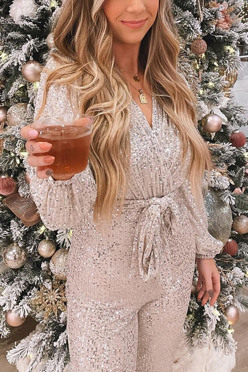 Sequin Draped Belted Puff Sleeve Wide Leg Jumpsuit - Fashionpara