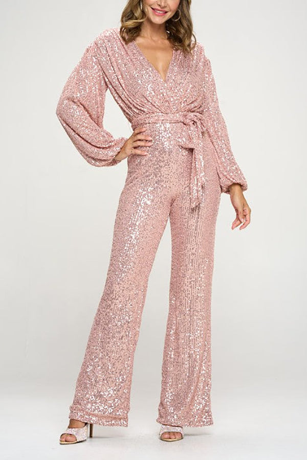 Sequin Draped Belted Puff Sleeve Wide Leg Jumpsuit - Fashionpara