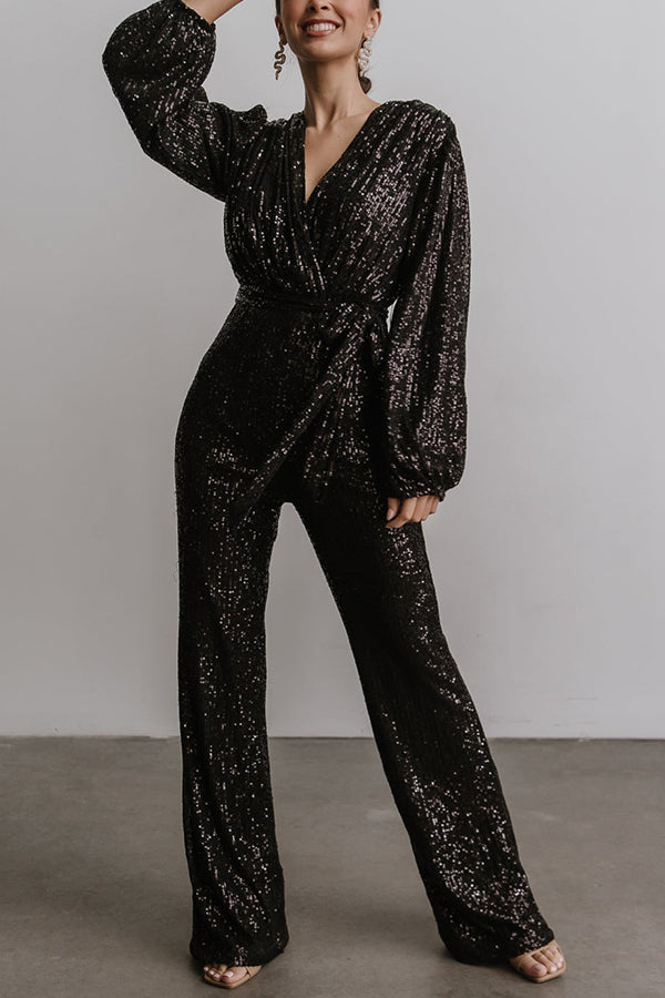 Sequin Draped Belted Puff Sleeve Wide Leg Jumpsuit - Fashionpara