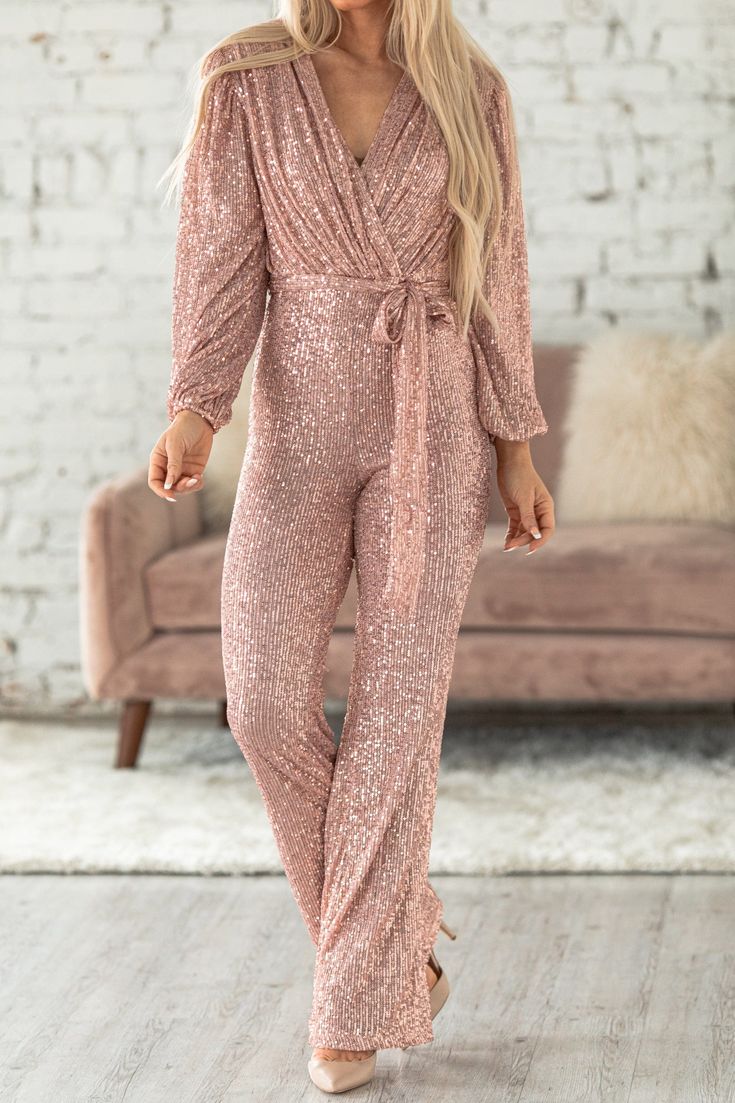 Sequin Draped Belted Puff Sleeve Wide Leg Jumpsuit - Fashionpara