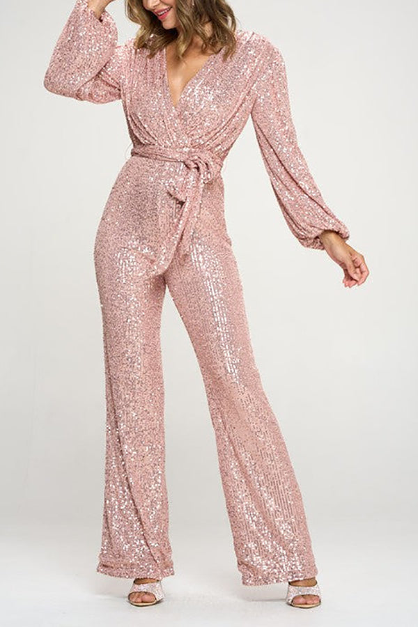 Sequin Draped Belted Puff Sleeve Wide Leg Jumpsuit - Fashionpara