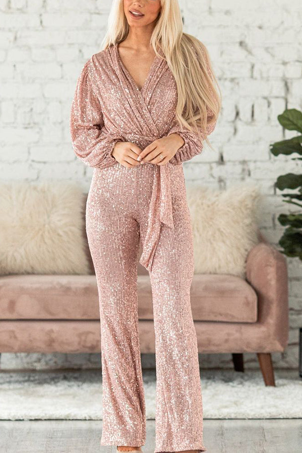 Sequin Draped Belted Puff Sleeve Wide Leg Jumpsuit - Fashionpara