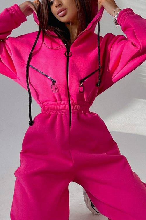 Zip Up Drop Shoulder Hooded Jumpsuit - Fashionpara