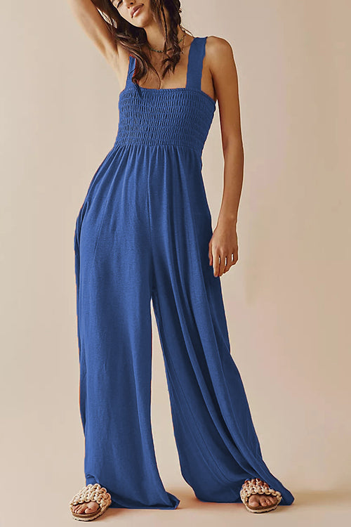 Smocked Bodice Pockets Jumpsuits - Fashionpara