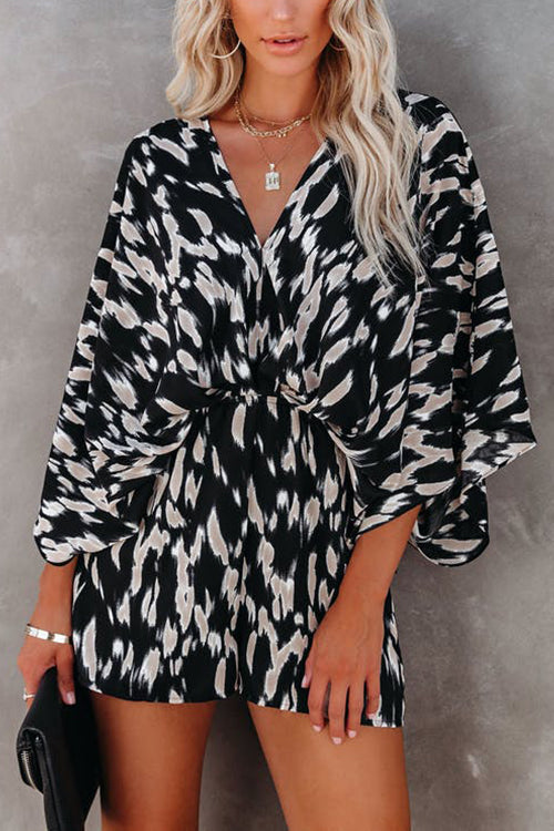 Leopard V Neck Kimono Romper - Fashionpara