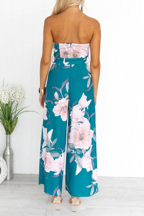 Floral Print Strapless Split Leg Jumpsuit