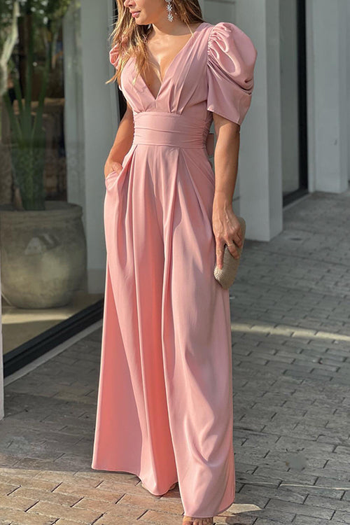 V Neck Puff Sleeve Belted Jumpsuit - Fashionpara