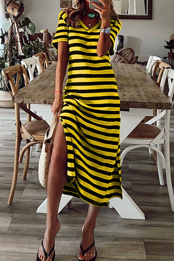 Stripe V Neck Slit Maxi Dress - Fashionpara