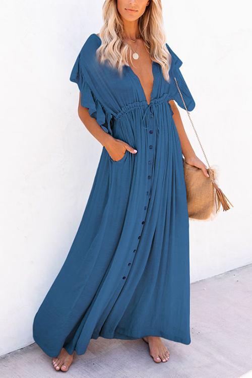 Button Drawstring Waist Bat Maxi Cover Dress - Fashionpara