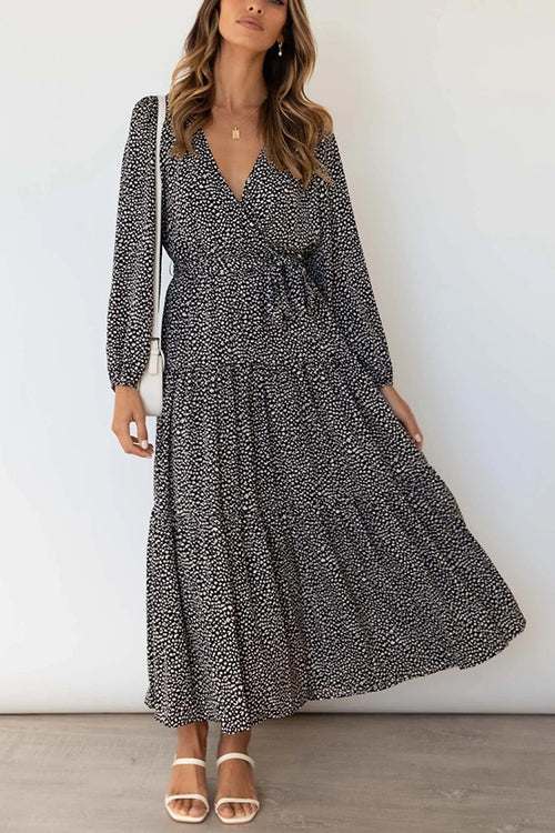 Print Belted Long Sleeve Maxi Dress - Fashionpara