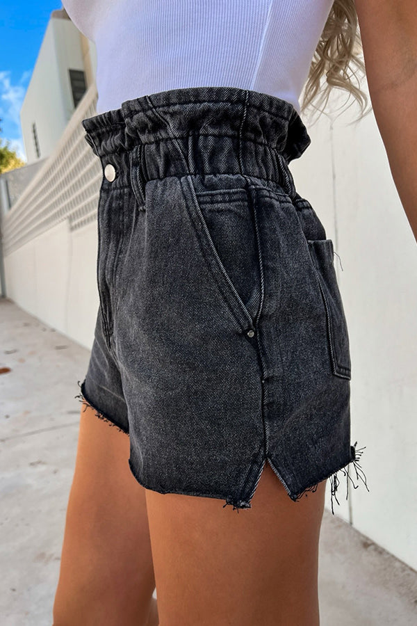 Sundays At The Market Cuffed Denim Paperbag Shorts - Fashionpara