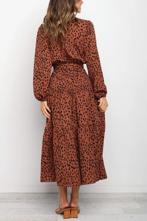 Print Belted Long Sleeve Maxi Dress - Fashionpara