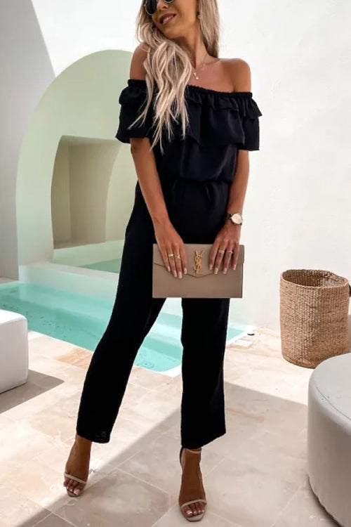 Ruffles Off the Shoulder Drawstring Jumpsuits - Fashionpara