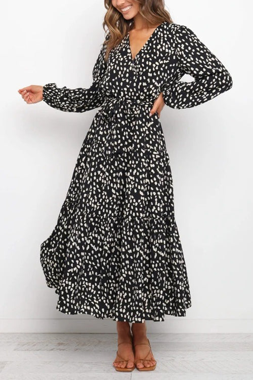 Print Belted Long Sleeve Maxi Dress - Fashionpara