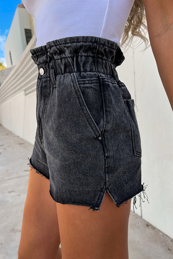 Sundays At The Market Cuffed Denim Paperbag Shorts - Fashionpara