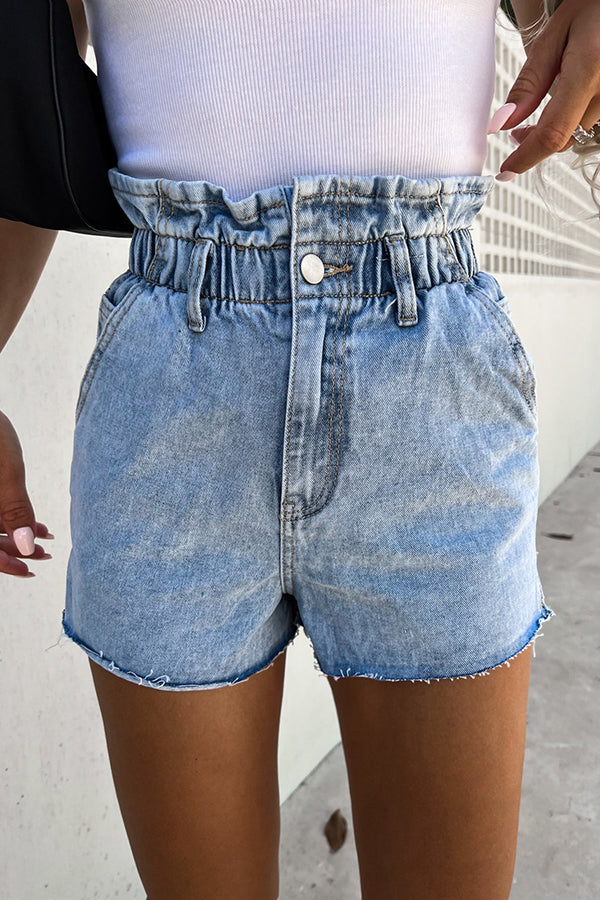 Sundays At The Market Cuffed Denim Paperbag Shorts - Fashionpara