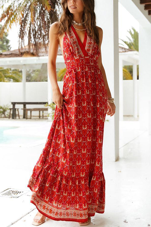 Floral V Neck Halter Neck Backless Maxi Dress