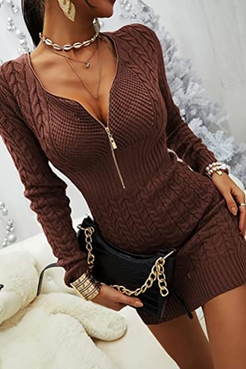 Zipper V Neck Bodycon Sweater Dress - Fashionpara