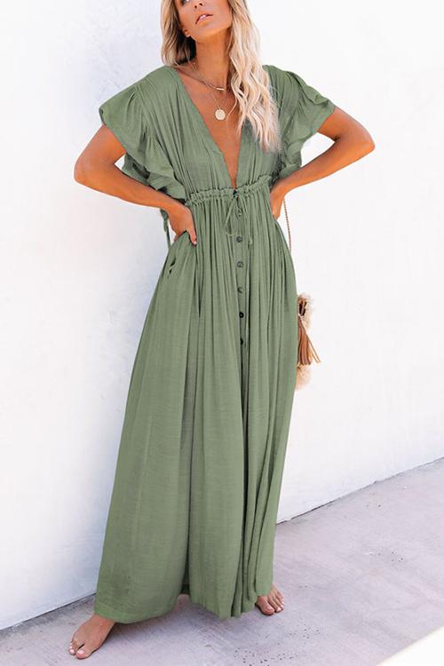 Button Drawstring Waist Bat Maxi Cover Dress - Fashionpara