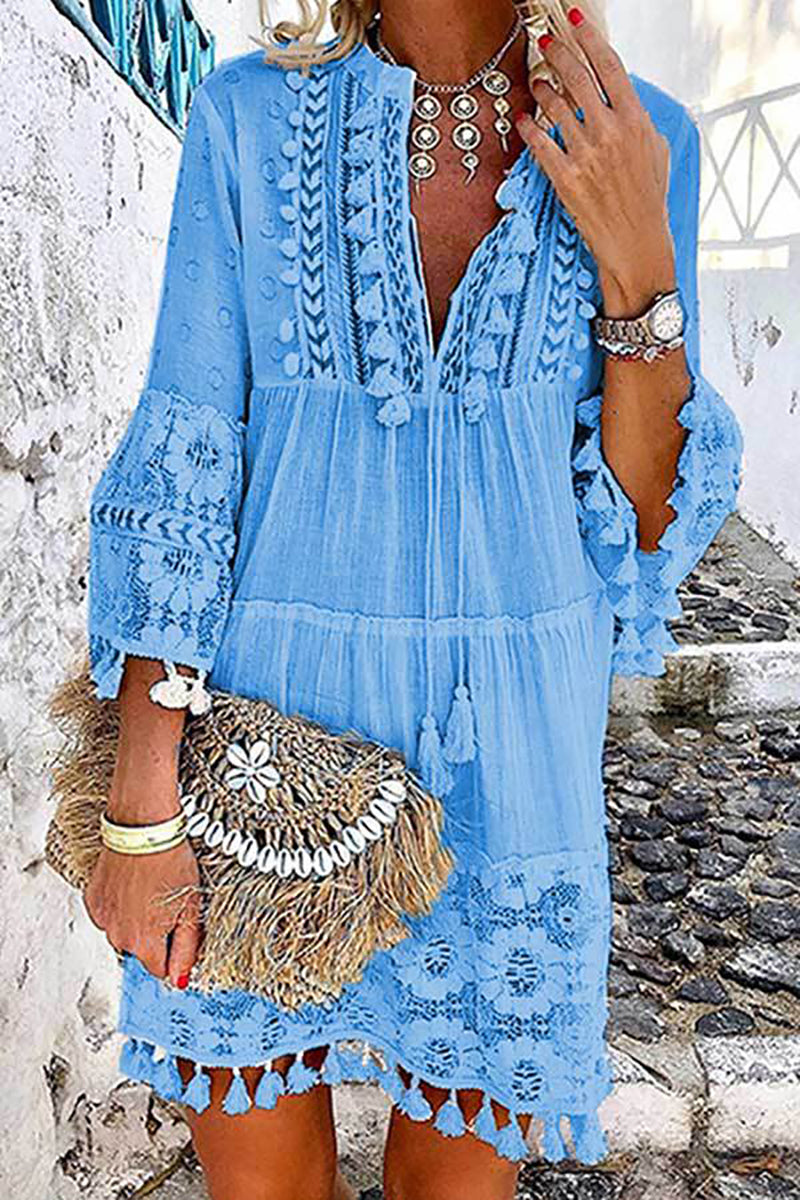 Boho Tassels V Neck Seven Sleeve Dress - Fashionpara