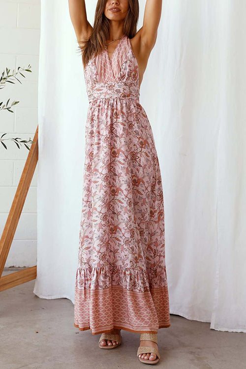 Floral V Neck Halter Neck Backless Maxi Dress