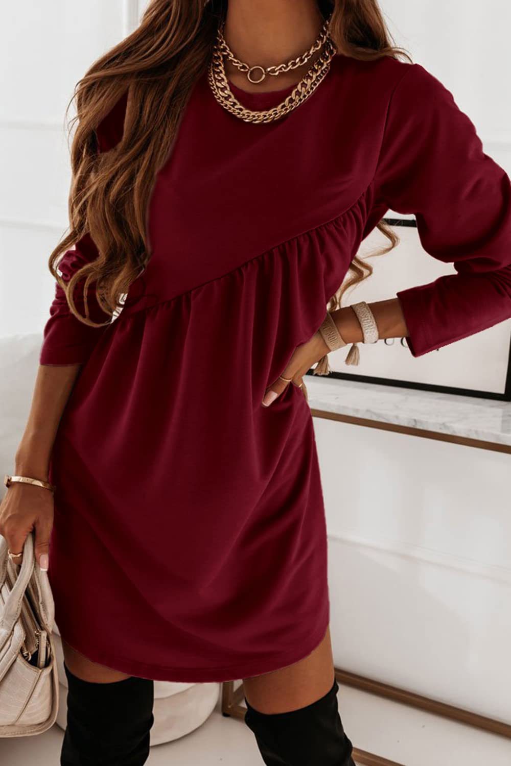 O Neck Long Sleeve Babydoll Tunic Dress - Fashionpara