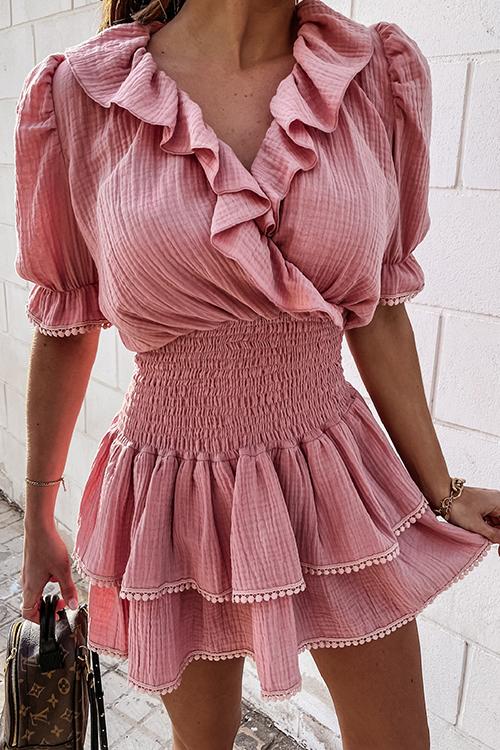 Elastic Ruffles V Neck Mini Dress - Fashionpara