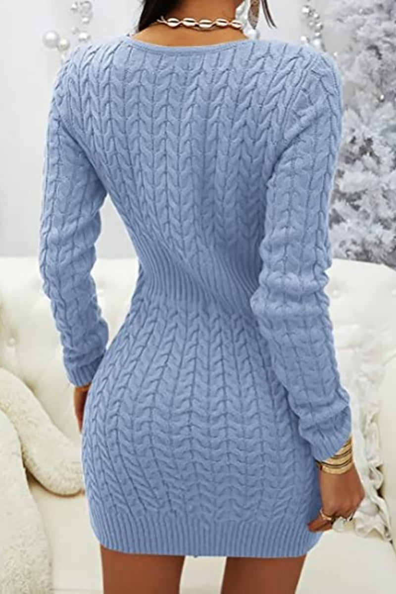 Zipper V Neck Bodycon Sweater Dress - Fashionpara