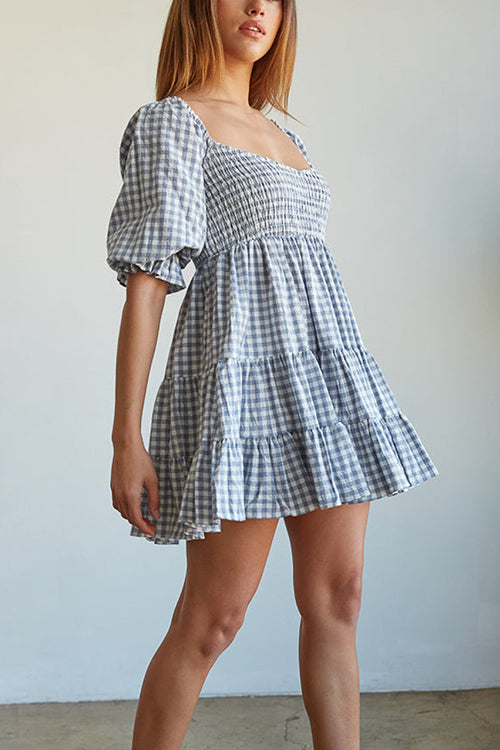 Smocked Gingham Babydoll Dress - Fashionpara