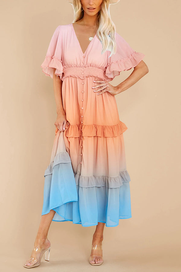 Ombre Sunset Ruffles Maxi Dress - Fashionpara