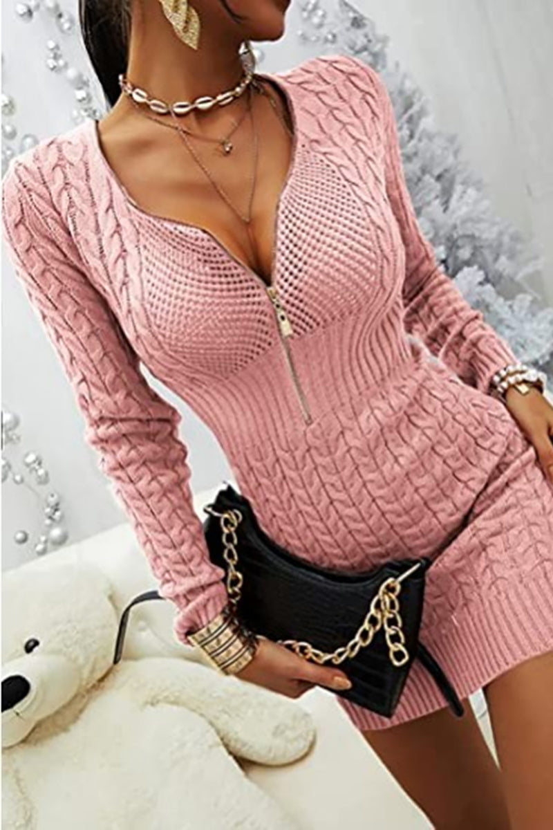 Zipper V Neck Bodycon Sweater Dress - Fashionpara