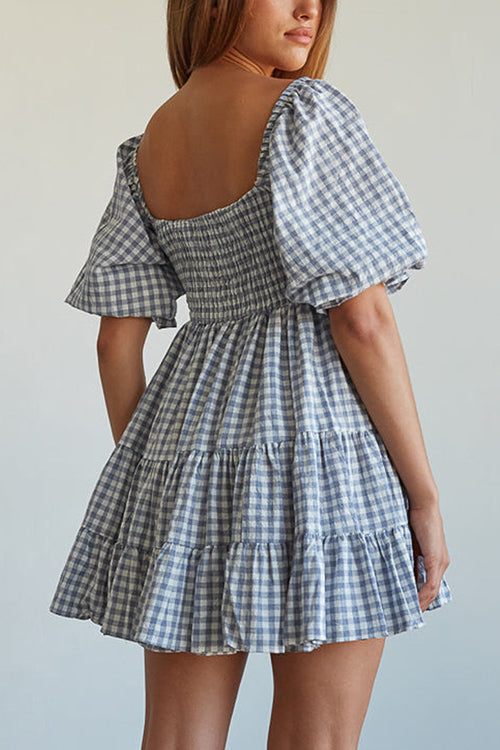 Smocked Gingham Babydoll Dress - Fashionpara